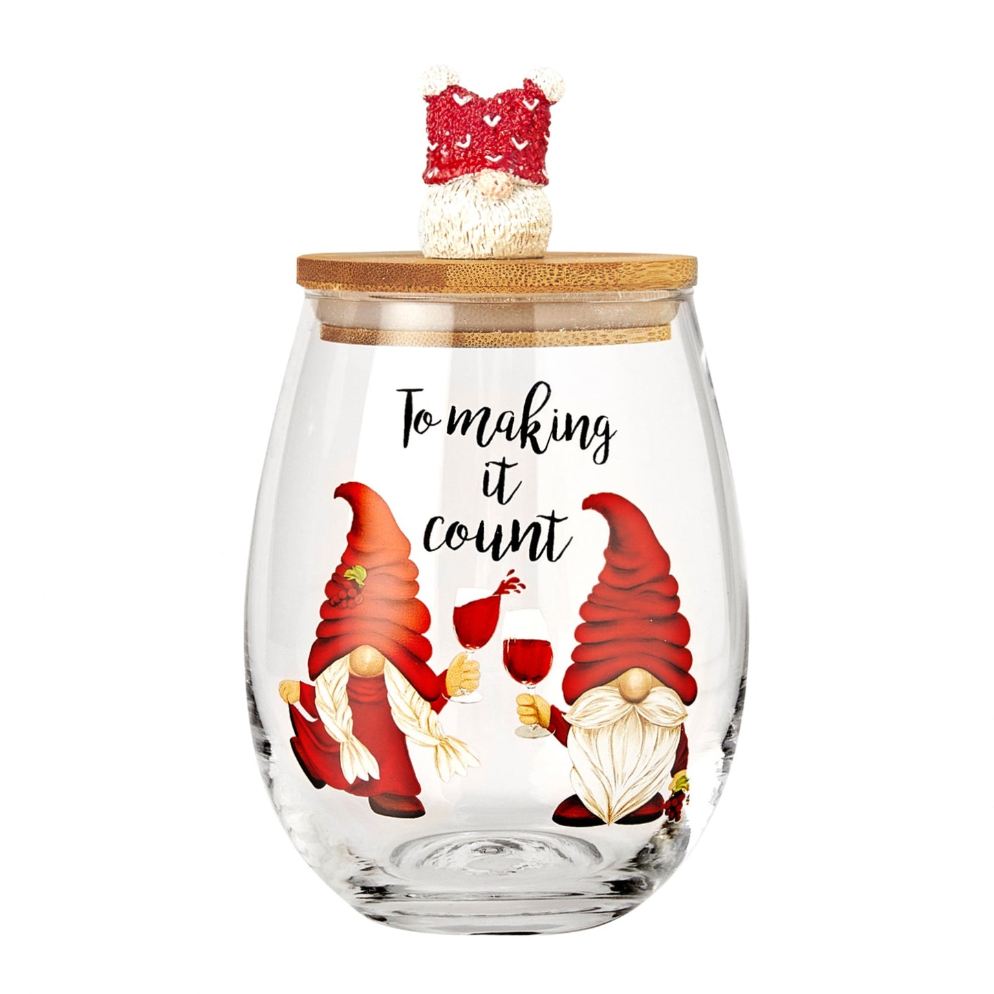 Christmas Gnome Wine & Water Glasses With Dwarf Wood Cover - Set of 2-17.5oz - Santa Holiday Festive Gnomes Stemless Clear Wine Glass For Red Or White Wine - Wines Glass for Women Friends Men Sister