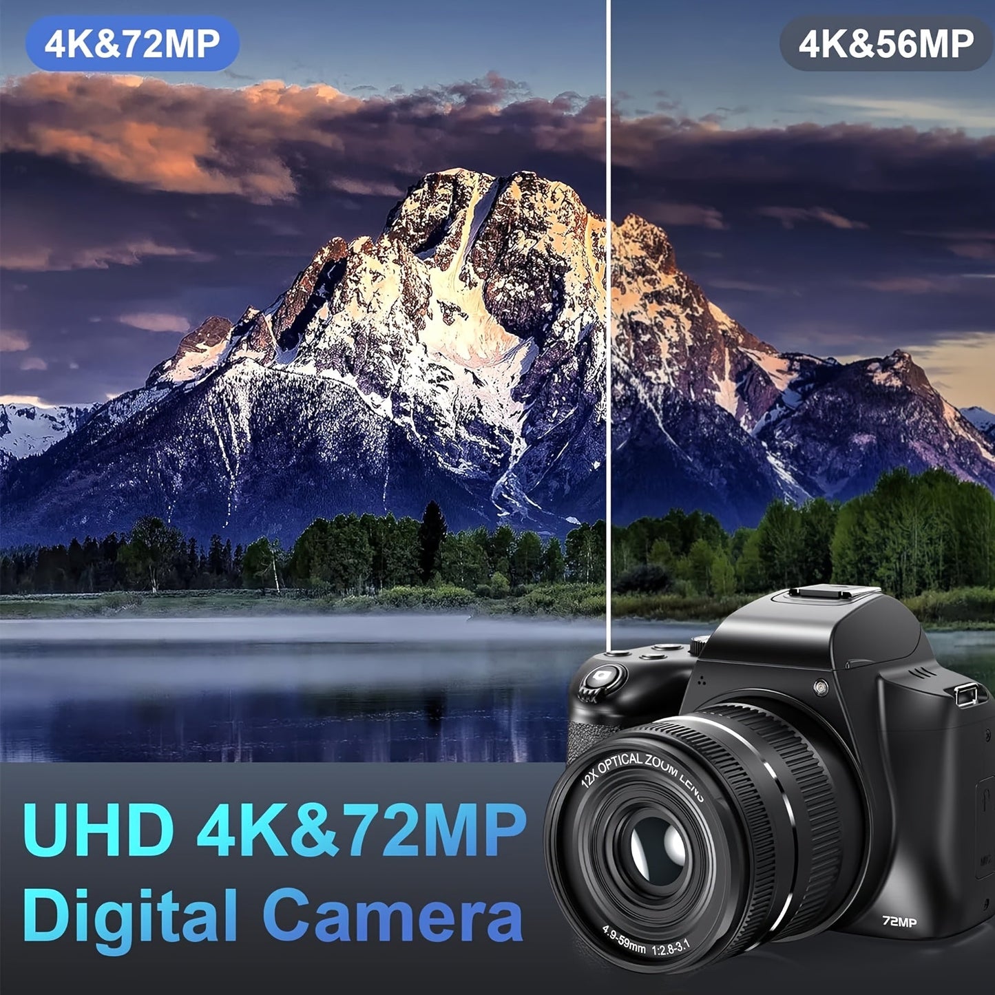 Cameras for Photography, 12X Optical Zoom 4K Digital Camera, 72MP Vlogging Camera with 270° Flip Screen, Battery, Battery Charger, 64GB SD Card, Card Reader