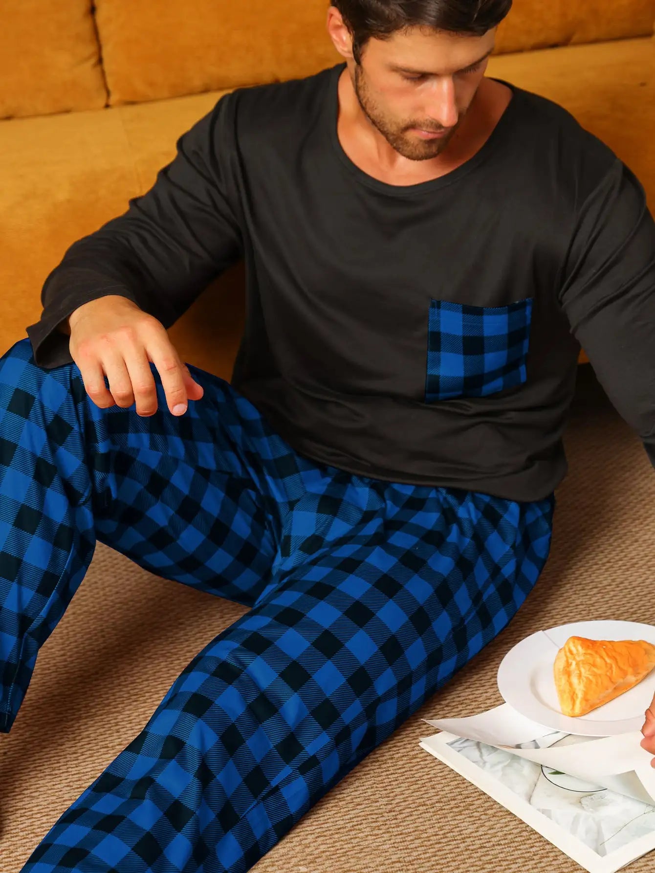 Ice Silk Long Sleeve Long Pants Men's Pajama Set