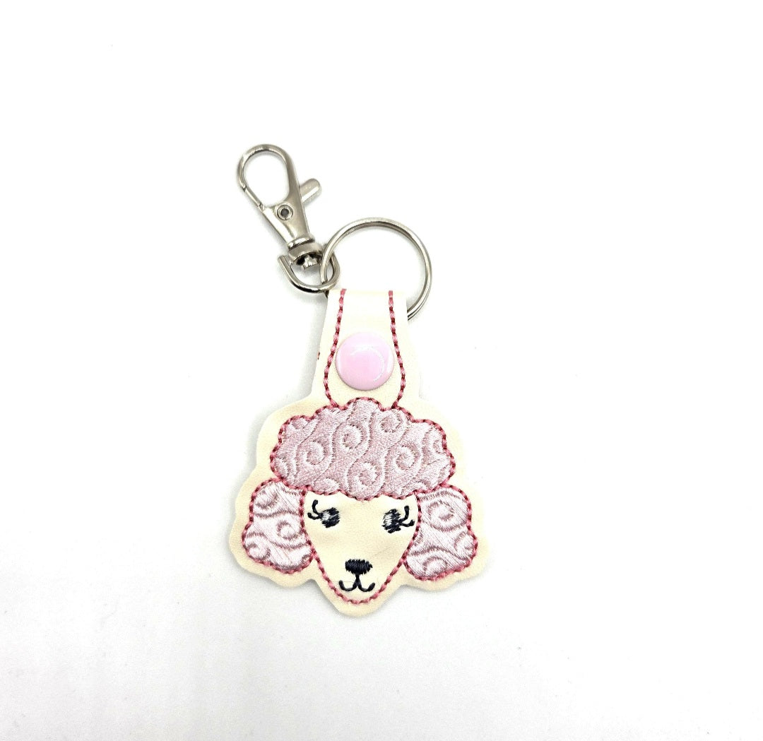 One Poodle Head Keychain – Black & Grey or White & Pink Embroidered Snap Tab