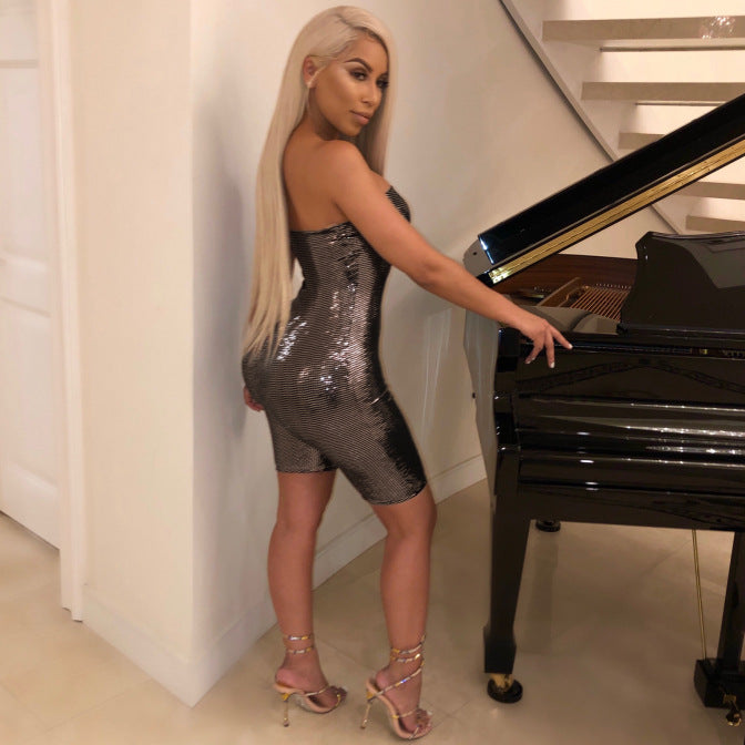 Sexy Bandeau Zipper Slim Fit Craft Cloth Backless Nightclub Romper