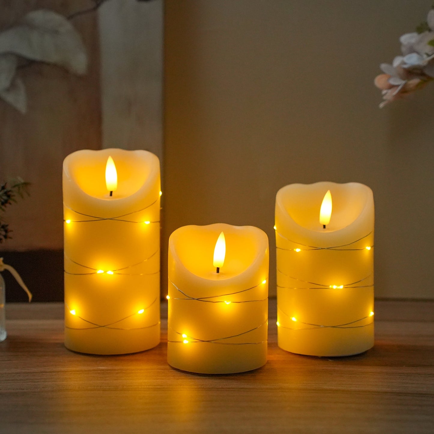JHY DESIGN Flickering Flameless Candles Real Wax Electric with Embedded String Lights, Battery Operated Pillar LED Candles for Gift, Christmas & Home Decorations, with Remote & Timer, Set of 3(Ivory)