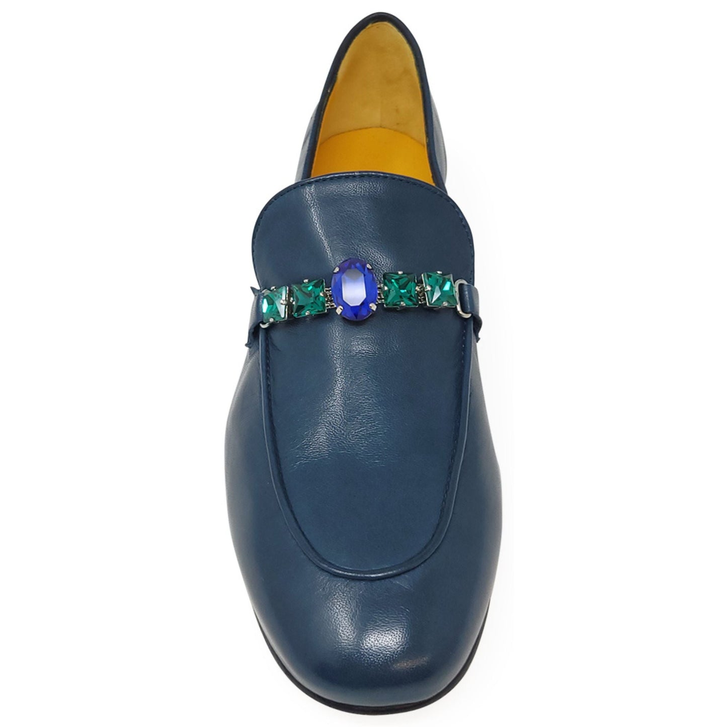 Blue Leather Flat Jeweled Loafer
