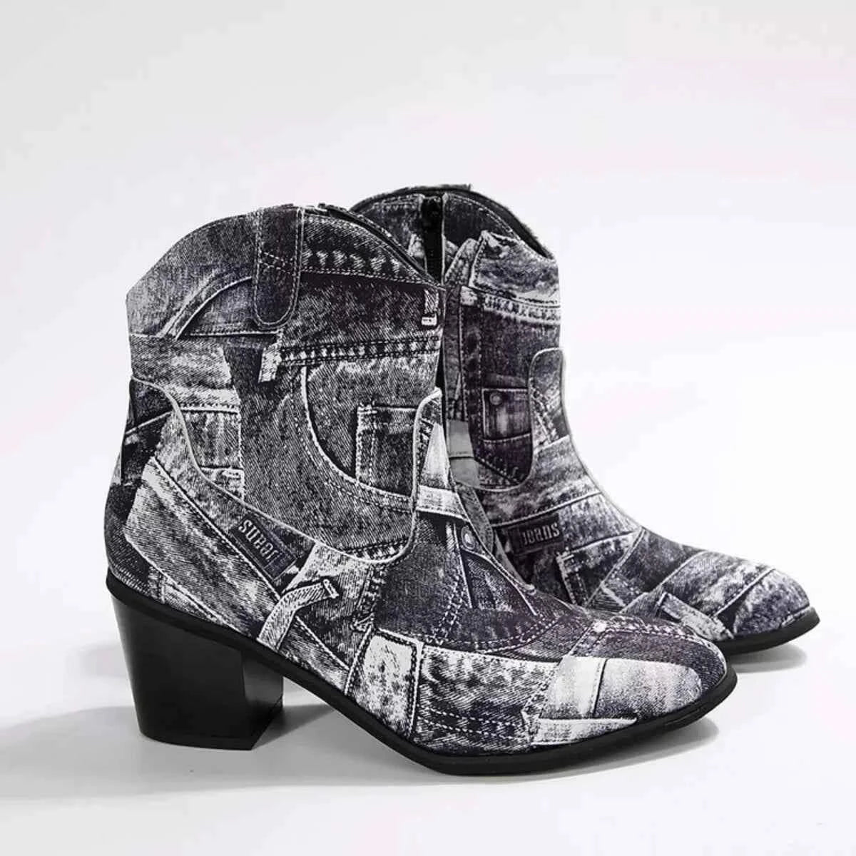 Demin Print : Point Toe Block Ankle Boots