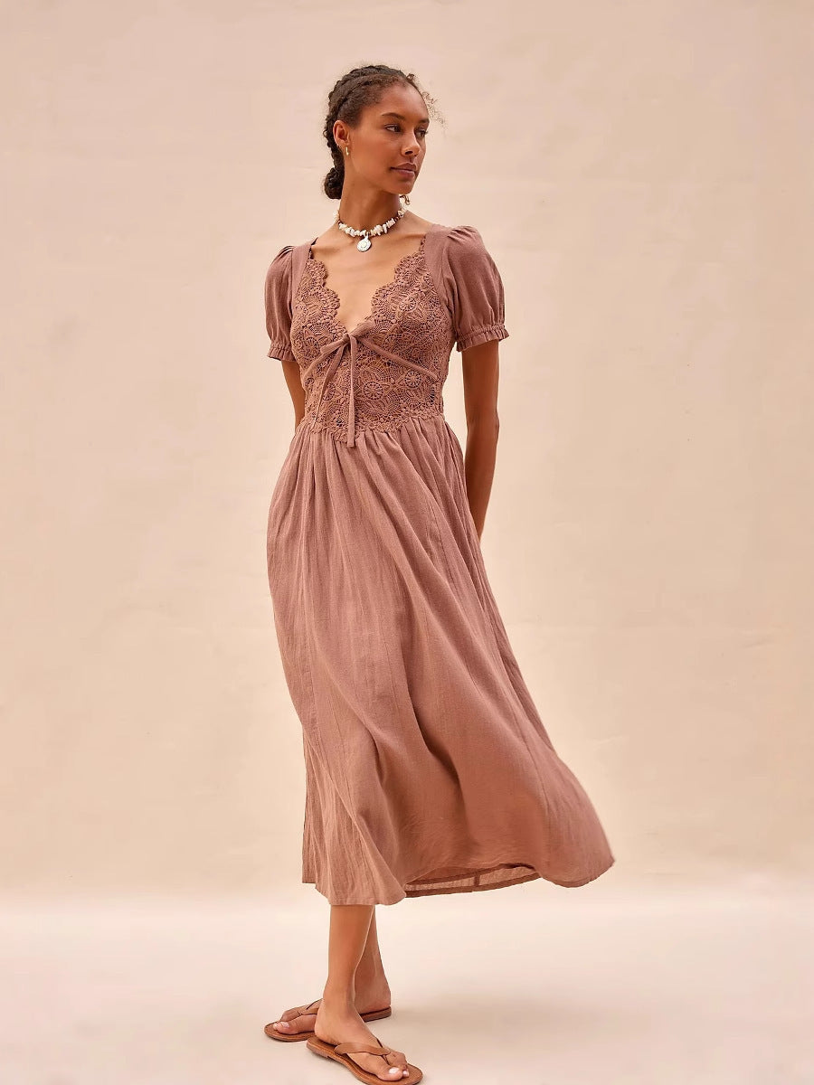 V-neck Lace Short Sleeved Pure Cotton Dress