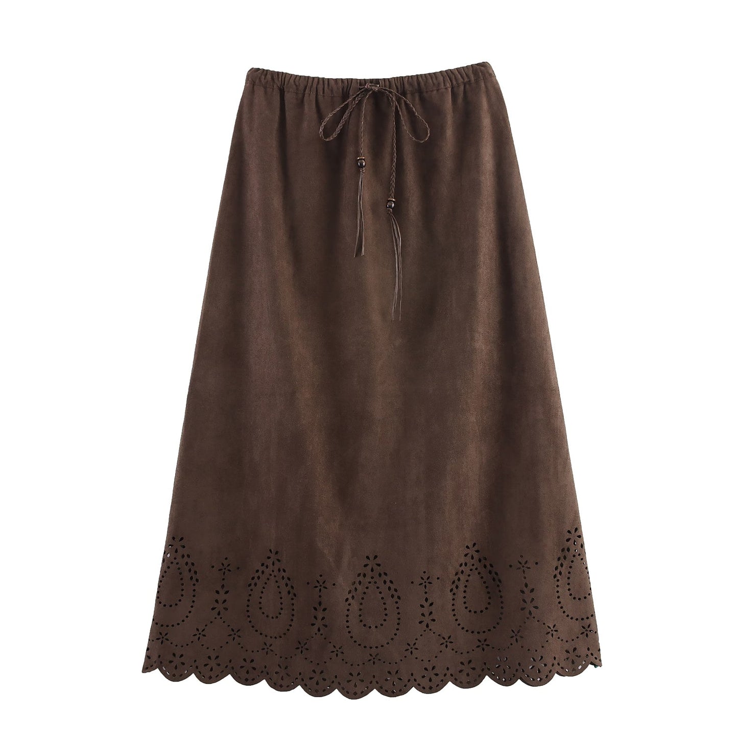Women Clothing Autumn Long Suede Laser Carved Hollow Out Cutout Retro Skirt