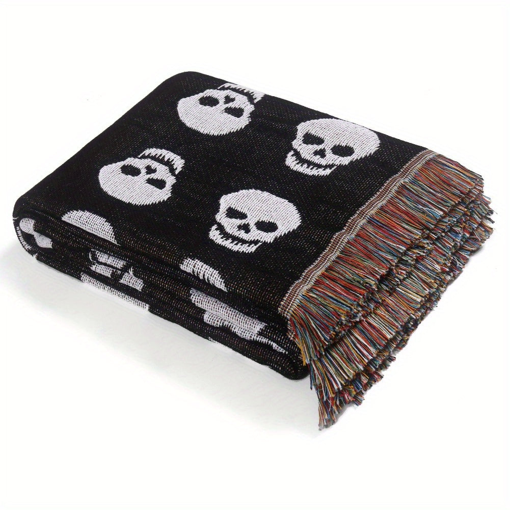 Skull Pattern Picnic Blanket, Machine Washable, Knit Weave, Multi-Functional Fringe Throw, Polyester Backing, for Outdoor Camping, Yoga Mat, Bed Sofa Living Room Decor, Machine Made