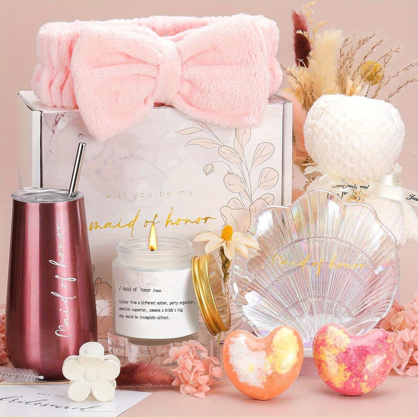 Will You Be My Bridesmaid Gift Box - Includes 6oz Wine Tumbler, Scented Candle, Spa Headband & Bear Towel - Perfect for Bridal Shower, Engagement & Wedding Party Gifts from Bride to Bridesmaids