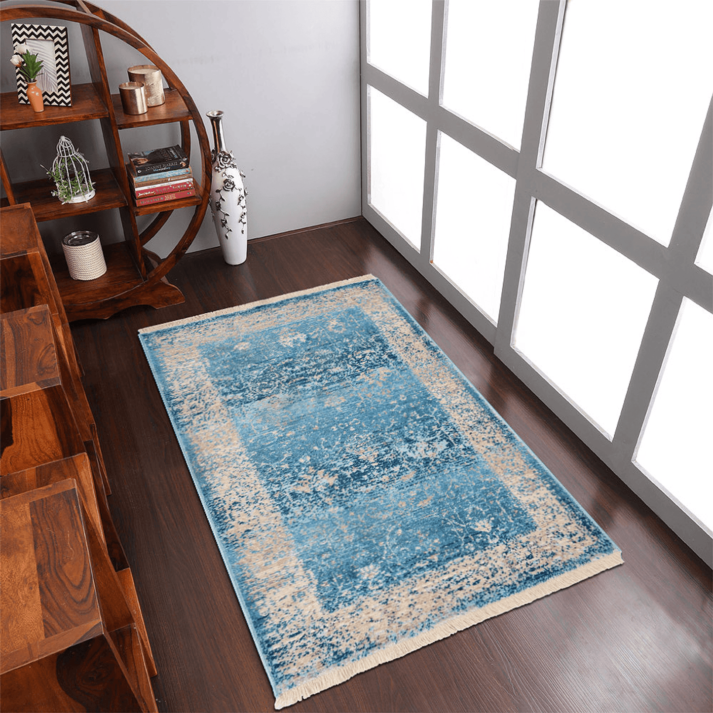 Rugsotic Carpets Machine Woven Crossweave Polyester Blue Area Rug Oriental