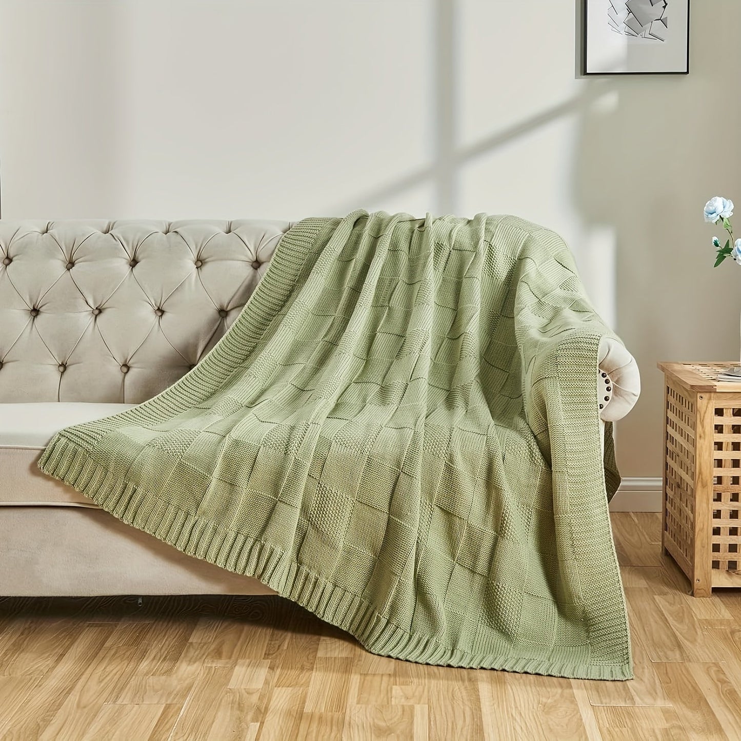 1pc Knit Throw Blanket, White Checkered Throw Blanket For Couch, Soft Cozy Warm Knitted Throw Blanket For Bed Sofa
