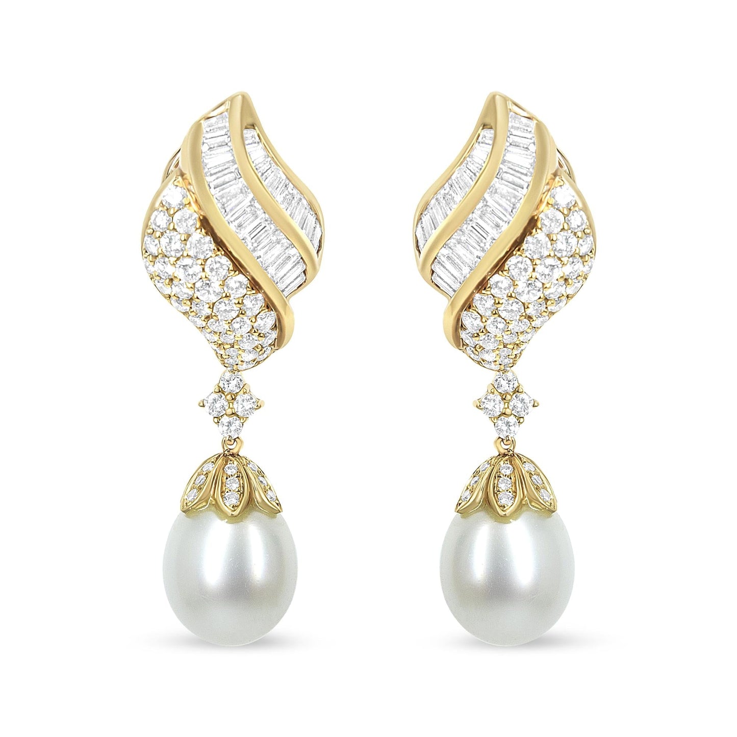 18k Yellow Gold 7.0 Cttw Baguette and Round Diamond South Sea Pearl Drop Dangle Clip-On Earrings (F-G Color, VS1-VS2 Clarity)