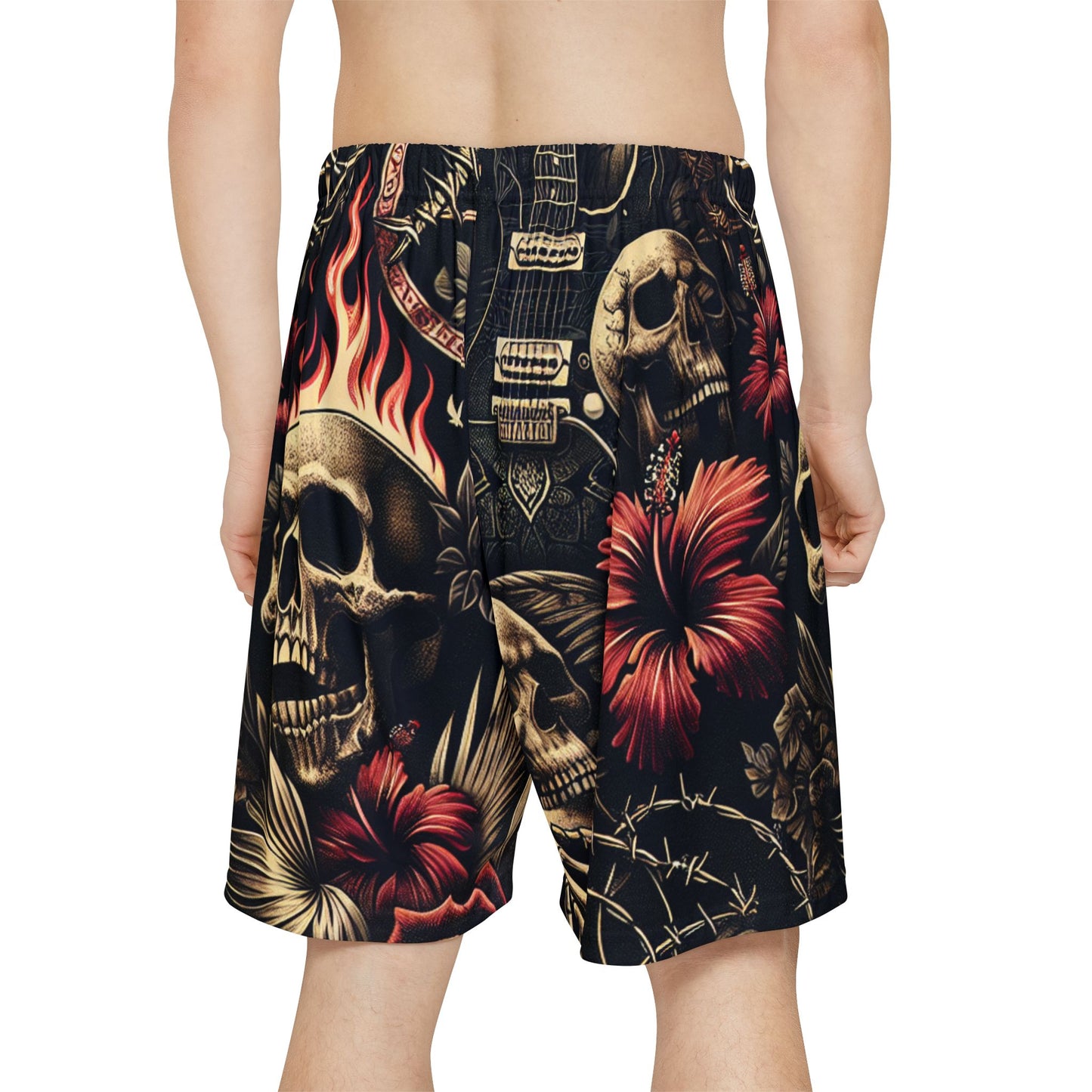 Skull Floral Sports Shorts for Men, Cool Summer Wear, Beach Shorts, Festival Outfit, Activewear Bottoms, Gothic Style