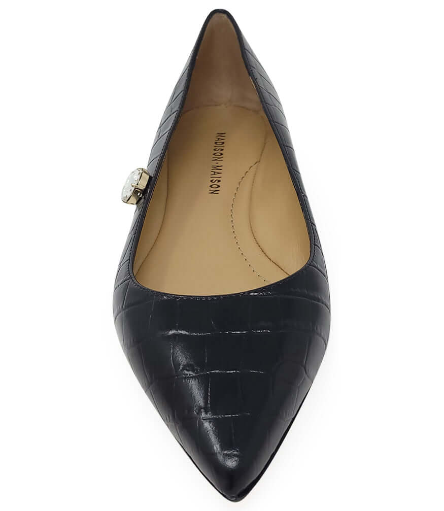 Black Leather Croc Print Flat Pointy Ballet