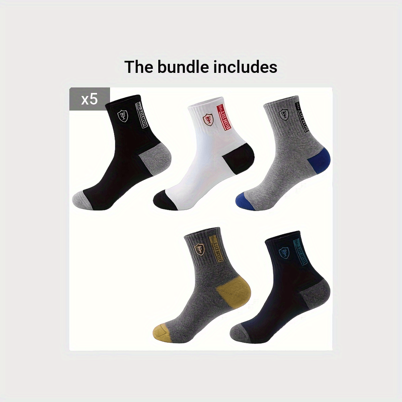 5 Pairs Men'S Athletic Crew Socks, Moisture-Wicking Knit Fabric, Solid Color, Polyester 75%, Spandex 25%, with Embroidered Badge, for Hand Wash Only, Sweat-Resistant