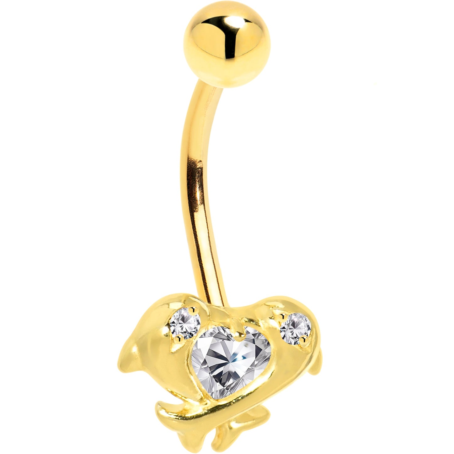 16G Solid 14k Yellow Gold Cubic Zirconia Dolphin Kiss Belly Ring