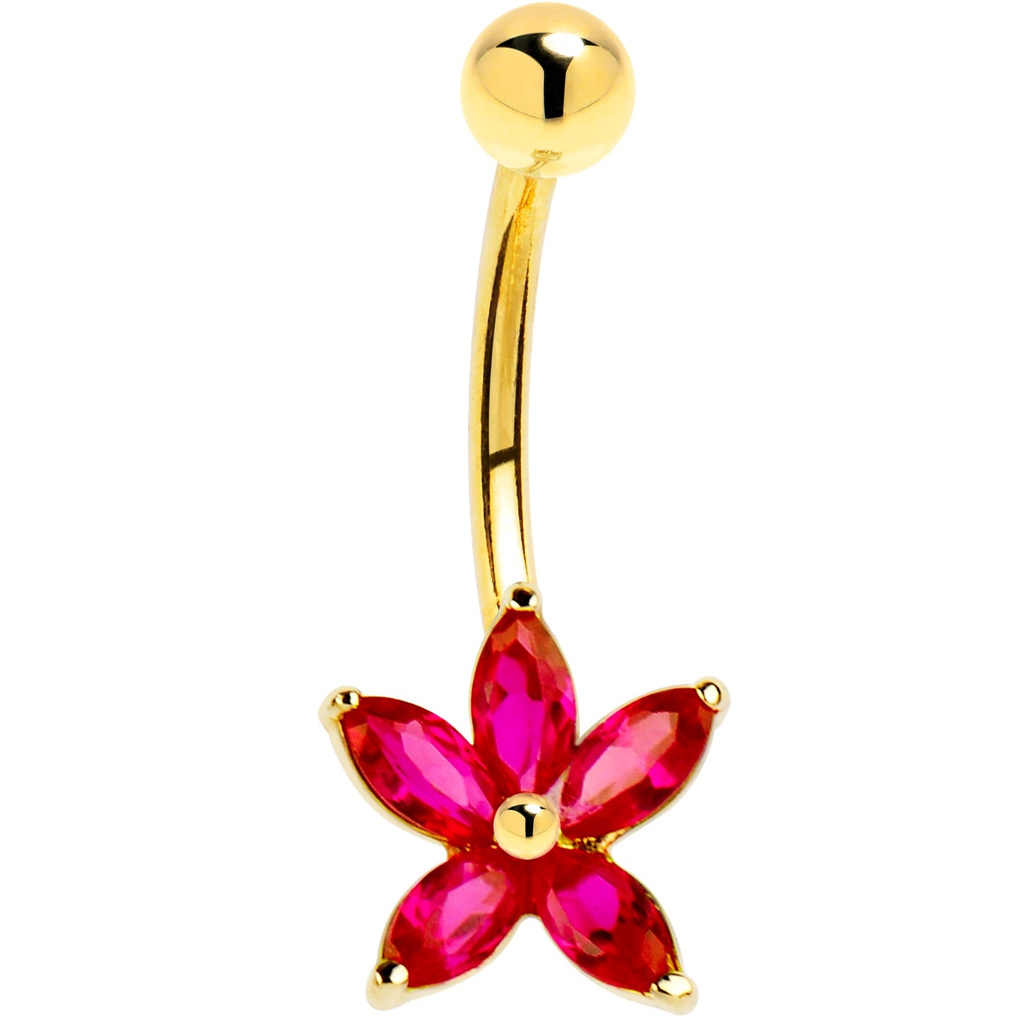 16G Solid 14k Yellow Gold Ruby Cubic Zirconia Lily Belly Ring