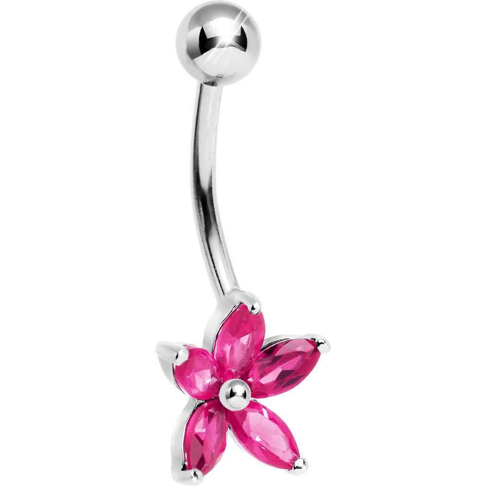 16G Solid 14k White Gold Pinkish Cubic Zirconia Lily Belly Ring