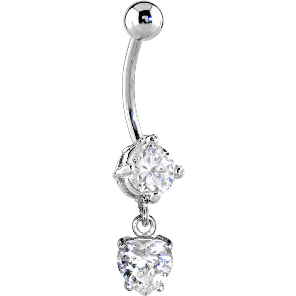 16G Solid 14k White Gold Cubic Zirconia Solitaire Round Heart Dangle Belly Ring
