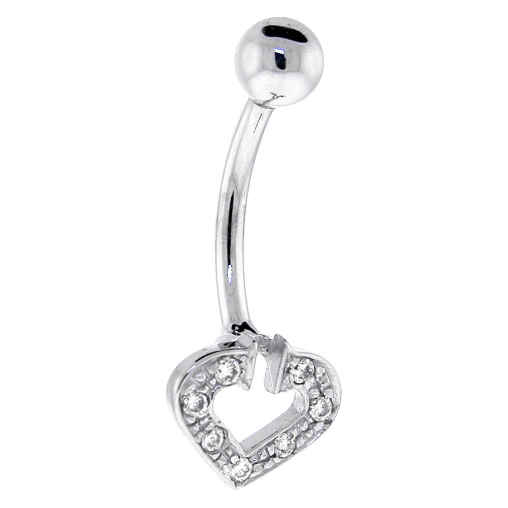 16G Solid 14k White Gold Cubic Zirconia Paved Hollow Heart Belly Ring