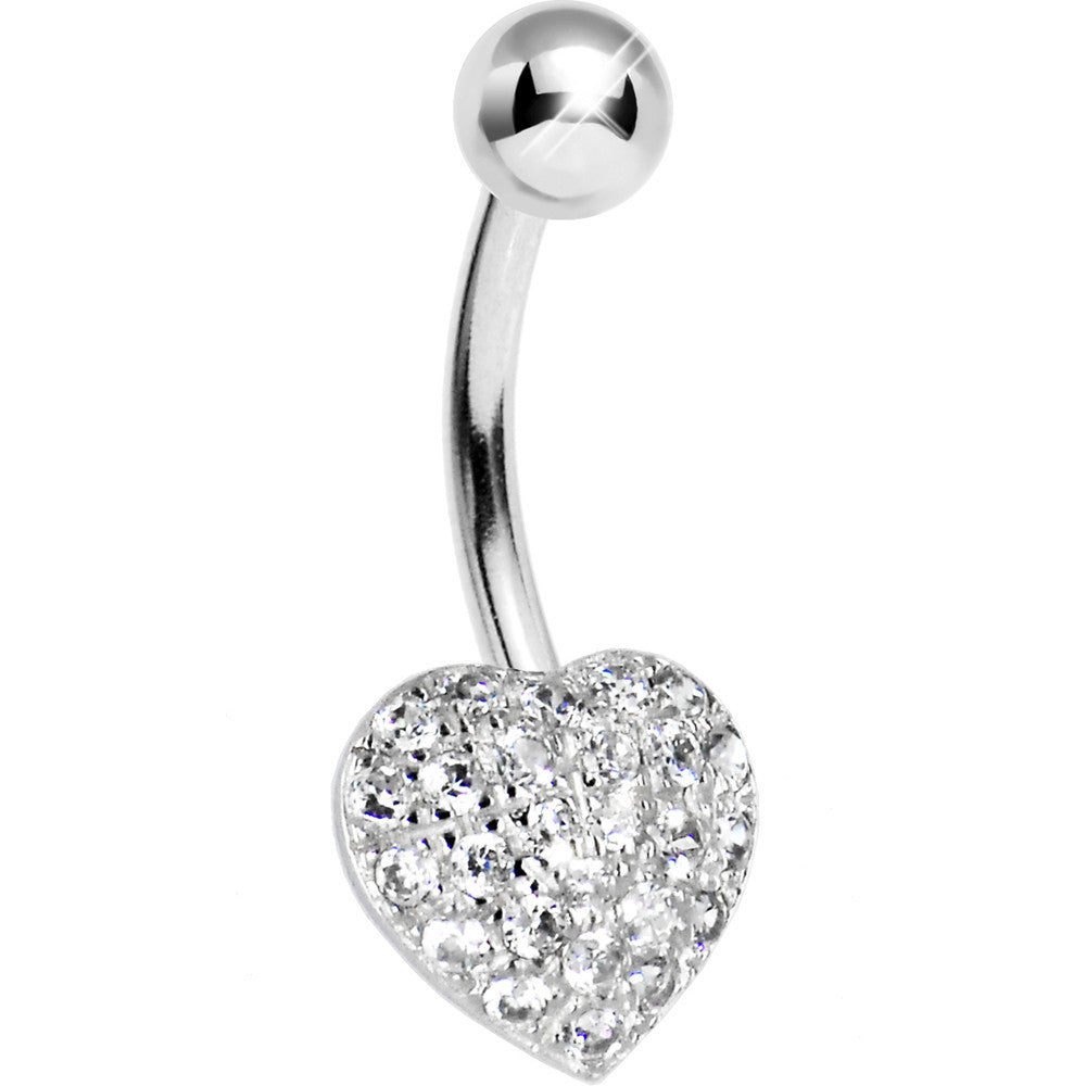 16G Solid 14k White Gold Cubic Zirconia Paved Heart Belly Ring