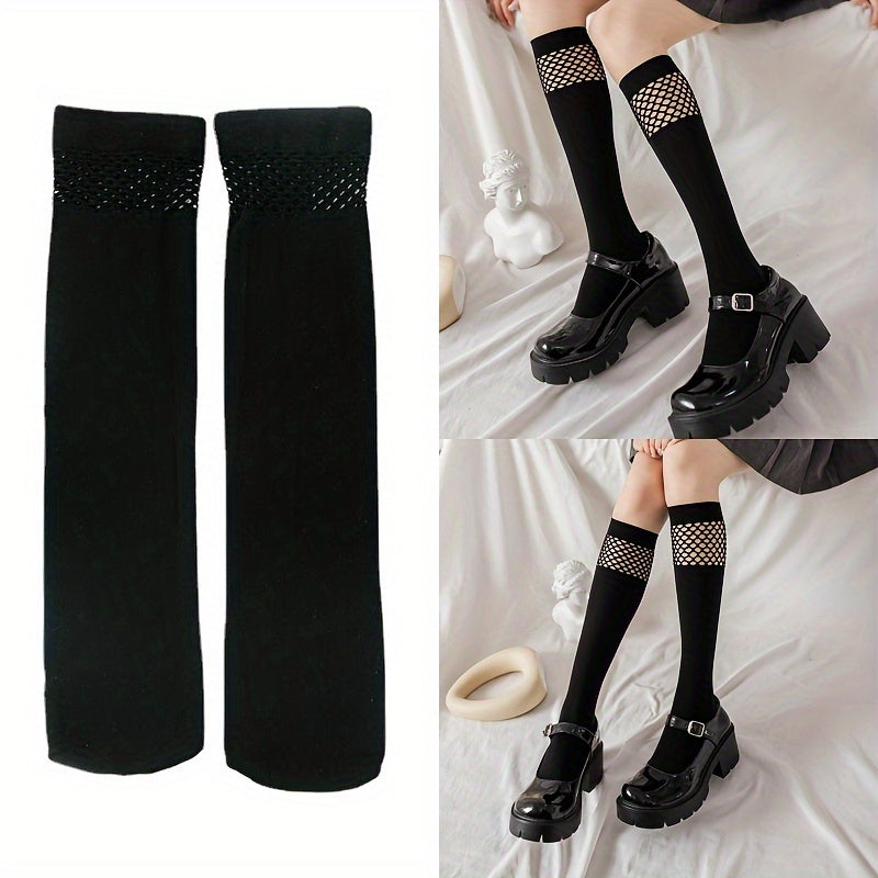 Fishnet Patchwork Calf Socks, JK College Style Knee High Socks, Women's Stockings & Hosiery
