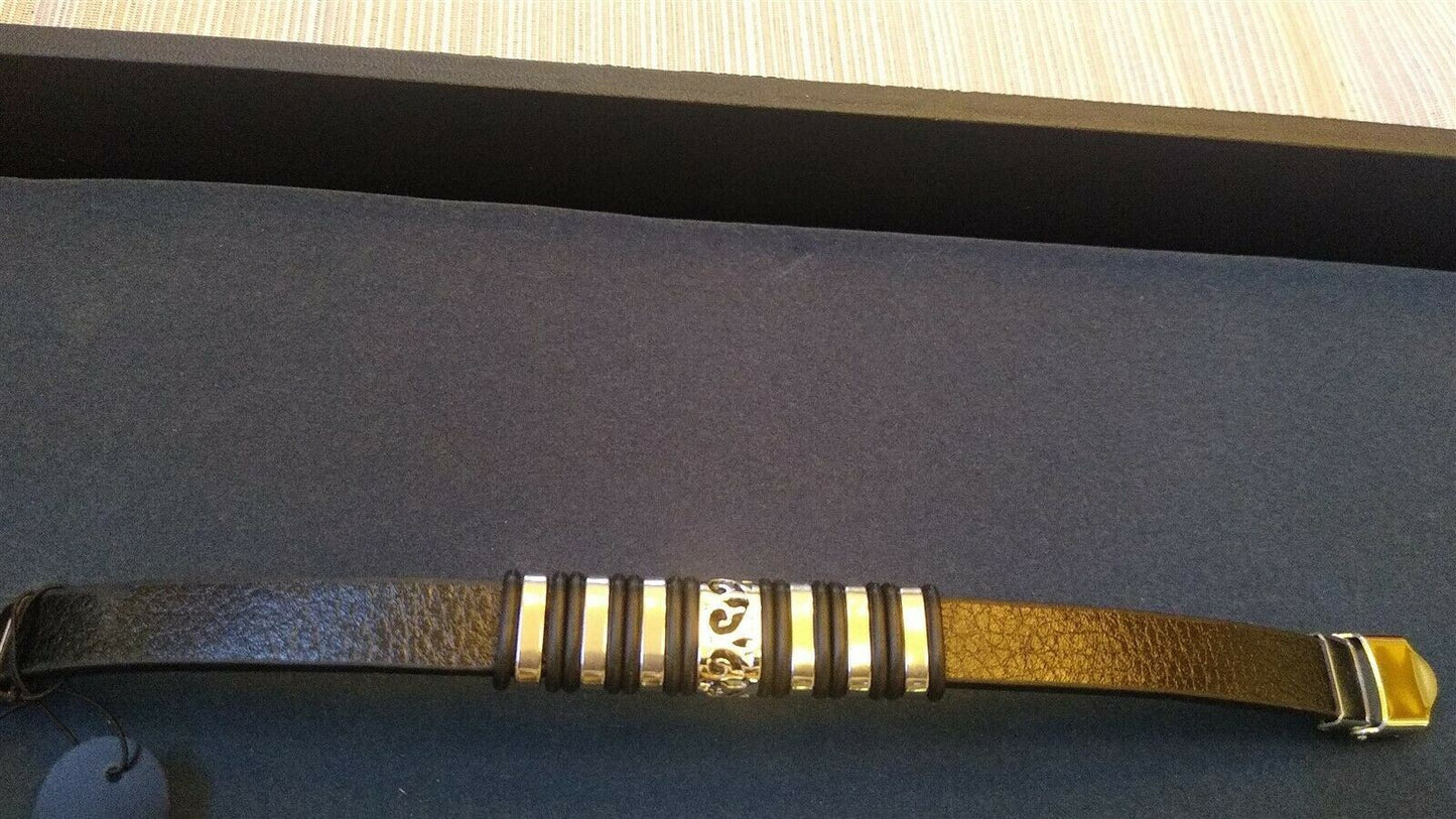 7 Stainless Steel Bands Black PU Leather Bracelet. Be a Rockstar! ~New~