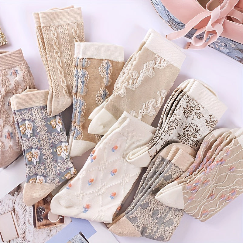 9-Pair Elegant Floral Print Mid-Tube Socks - Soft & Breathable Fabric - Perfect for Casual & Dressy Occasions