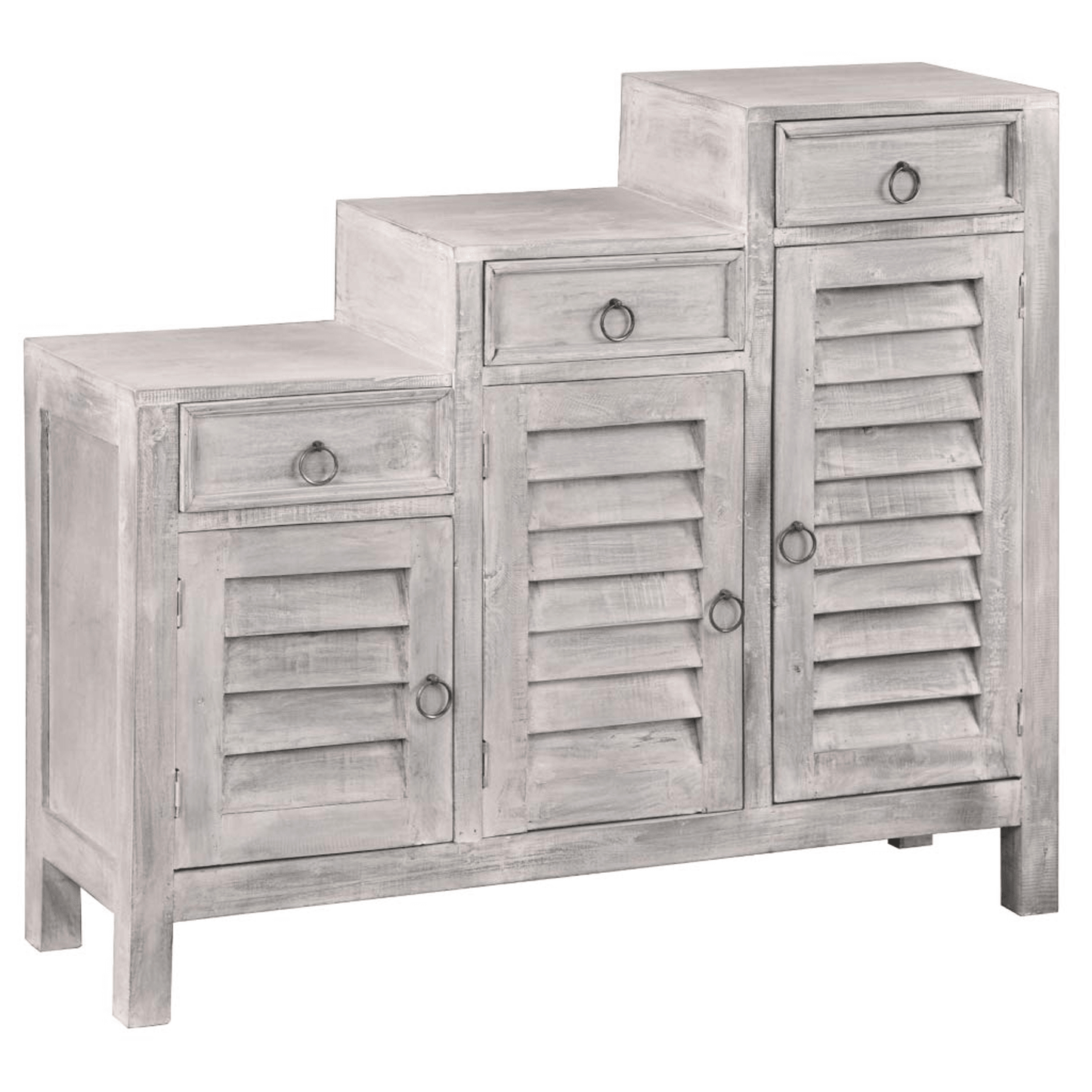 Cottage Three-Tiered Distressed Light Gray Shutter Cabinet