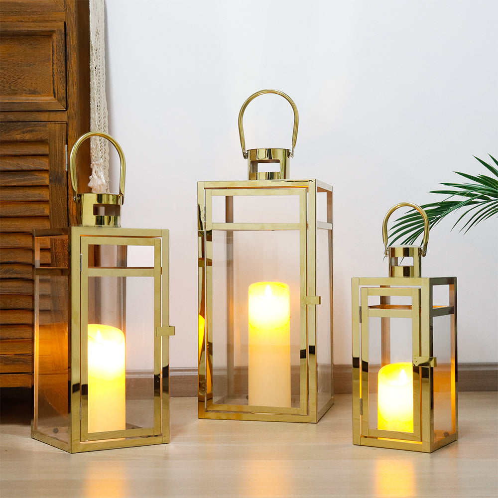 19''&15''&12'' H Stainless Steel Metal Candle Lantern Candle Holder with Clear Glass Panels(Set of 3 Gold)
