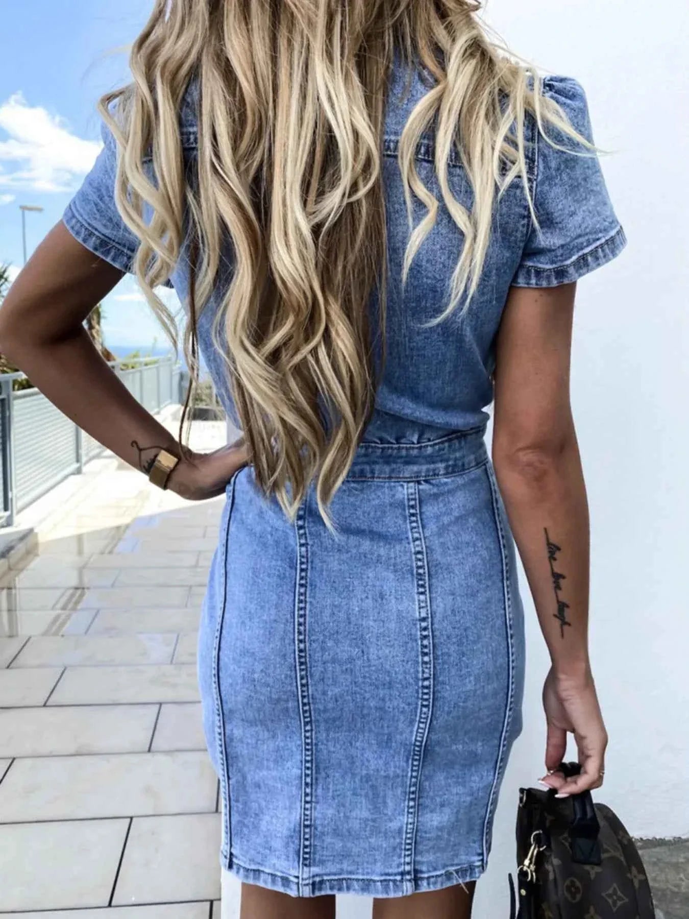 Denim Button Front Dress - Short Sleeve Style