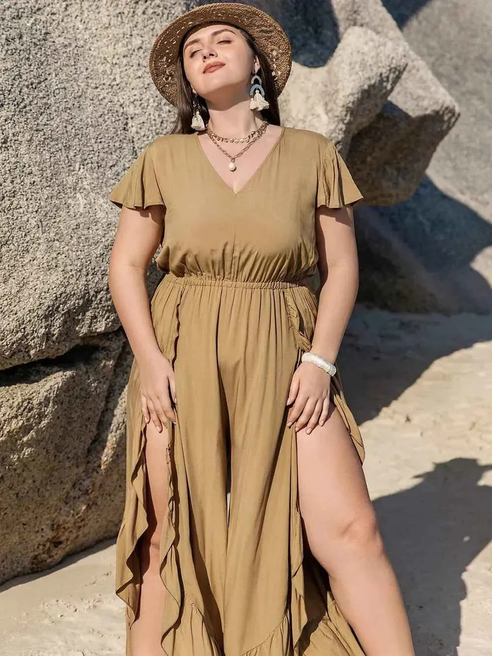 Plus Size Slit Ruffled : V-Neck Jumpsuit