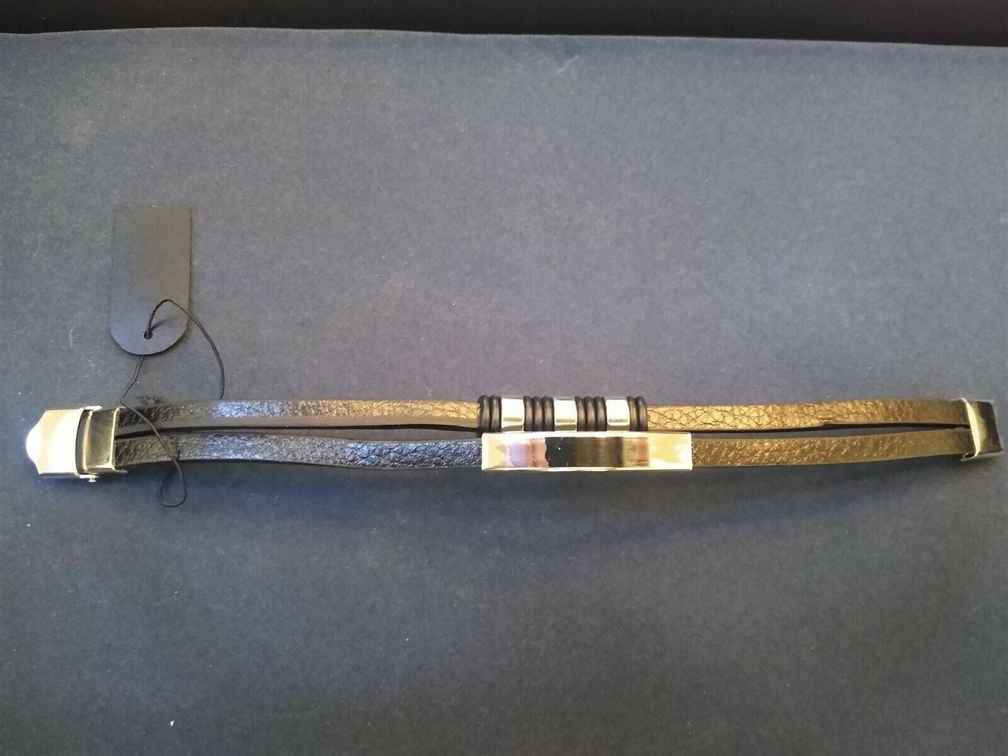 2 Strand Black PU Leather / Steel Bracelet. Be a Rockstar! ~New~