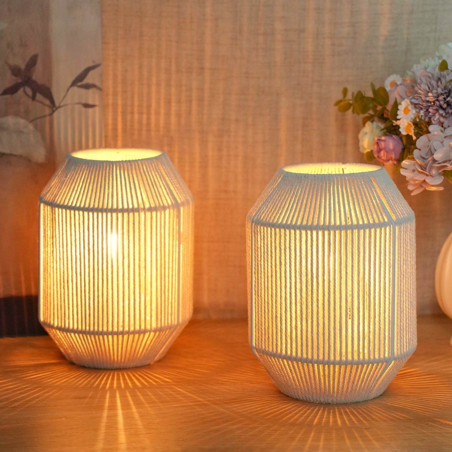 JHY DESIGN 2-Pack 8.5"H Woven Cotton Rope Table Lamps: Cordless, Battery-Powered, 6-Hr Timer