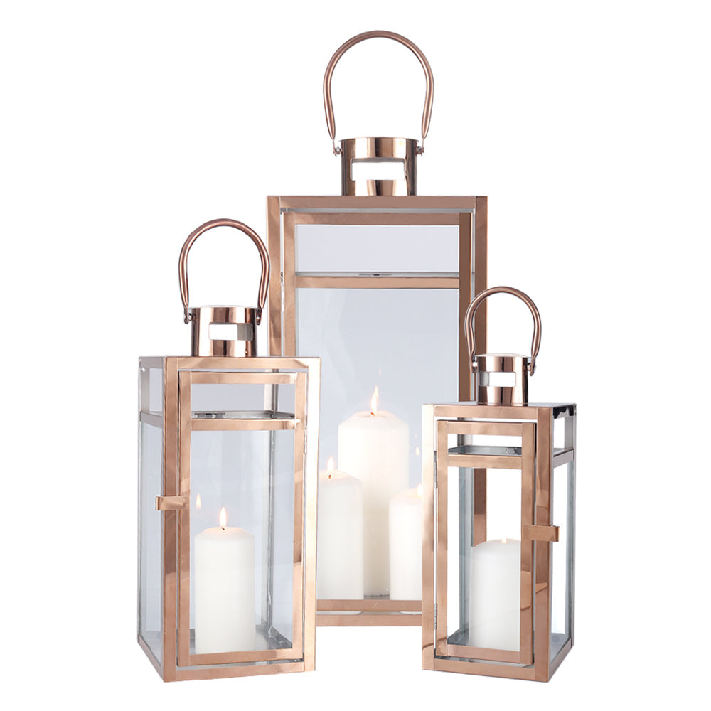 19''&15''&12'' H Stainless Steel Metal Candle Lantern Candle Holder with Temper Glass Panels(Set of 3 Rose Gold)