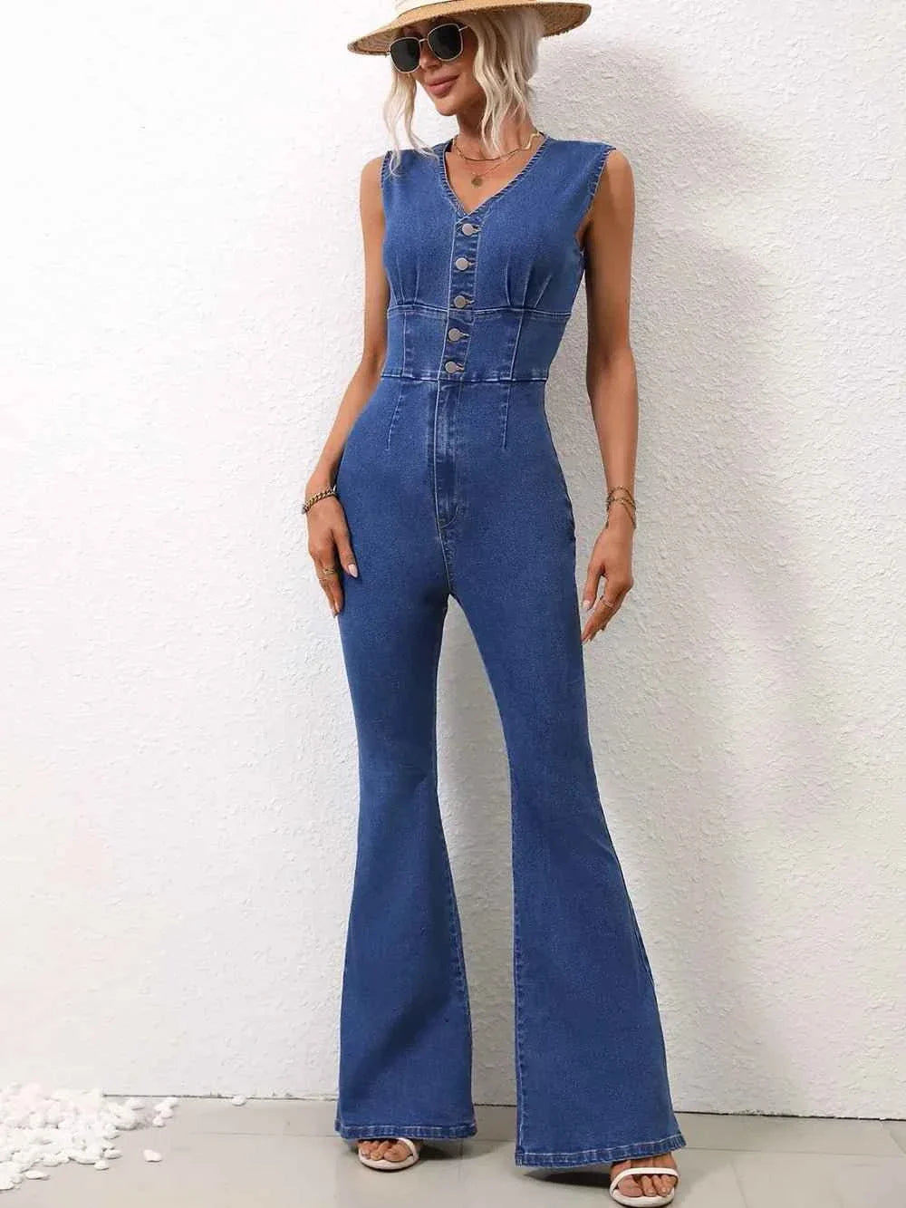 V-Neck Sleeveless : Denim Jumpsuit