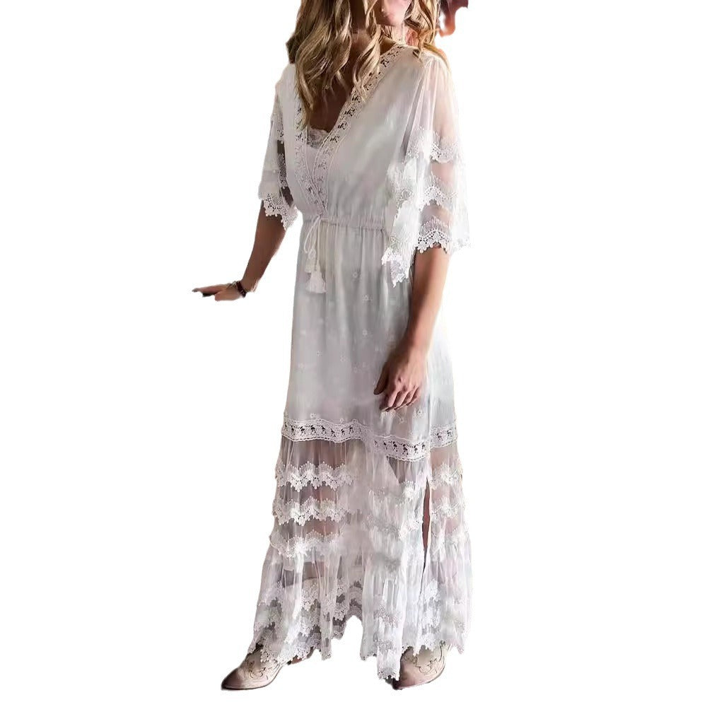 V-neck Lace Stitching Bohemian Style Dress