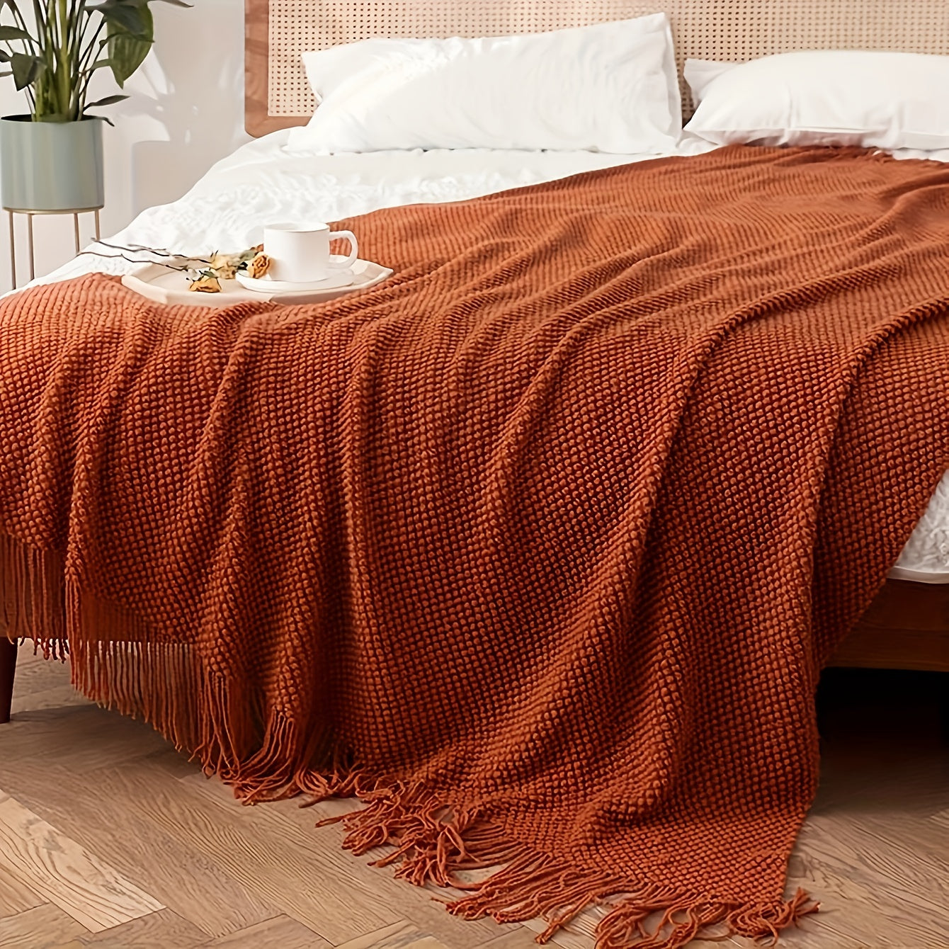 1pc Knit Throw Blanket Long Tassel Lightweight Blanket Bubble Textured Soft Blanket For Bed Couch Sofa Chair Outdoor Picnic All Season Use Orange