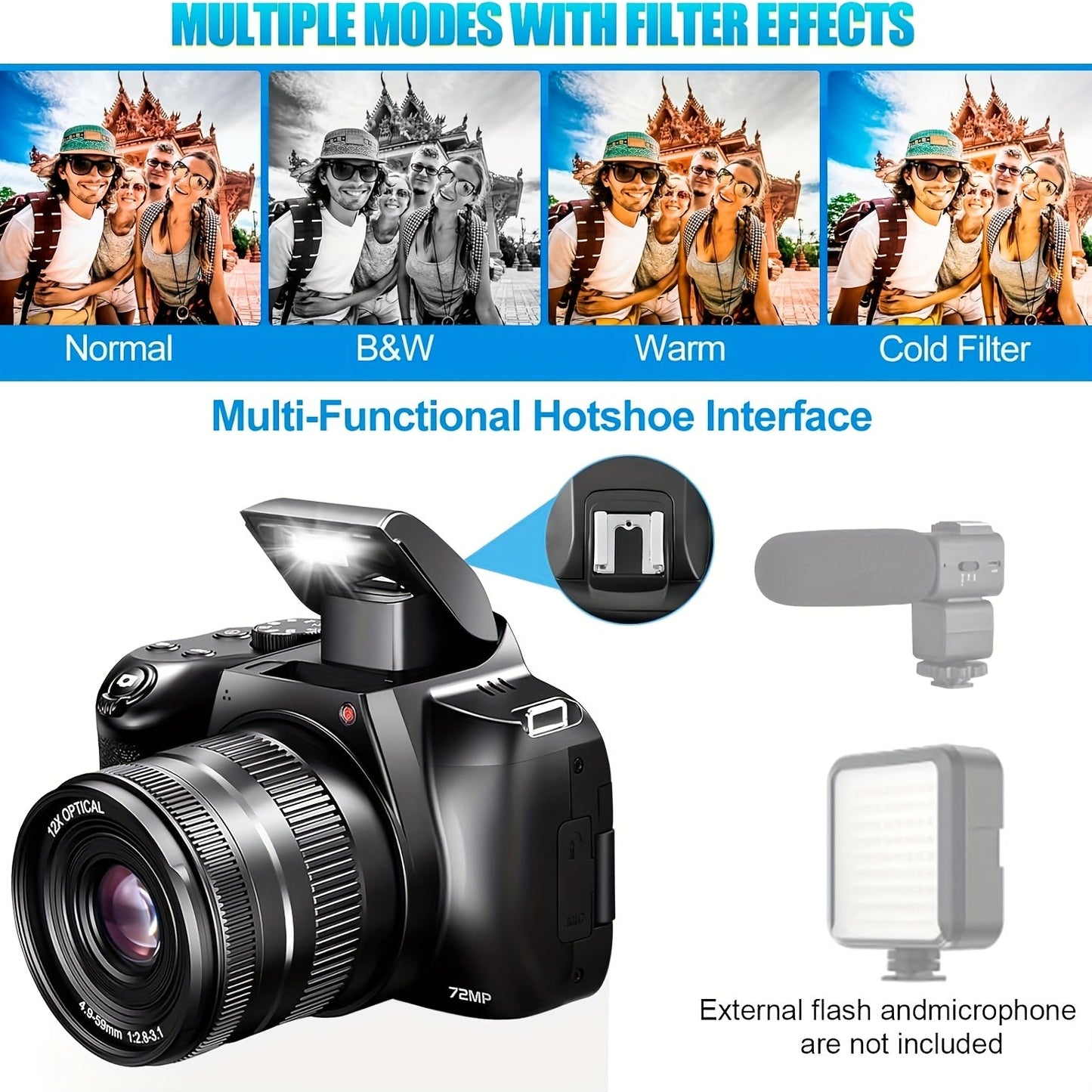 4K Photography Digital Camera - 12x Optical Zoom 72MP YouTube Vlogging Camera With 3" 180° Flip Screen, Auto Focus Compact Camera