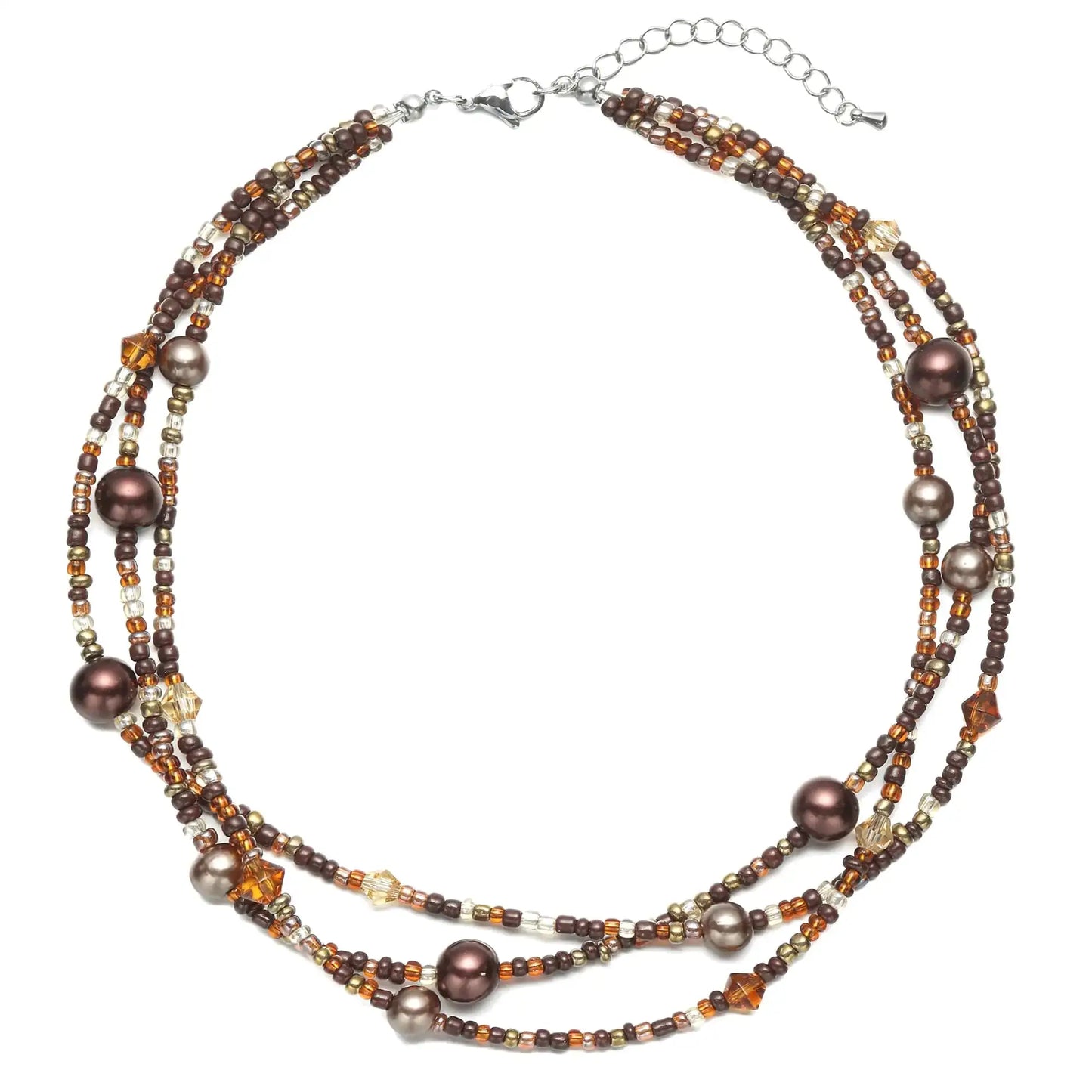 S.J JEWELRY Multi Strand Beaded Necklaces for Women Colorful Beaded Necklace Boho Necklaces for Women Summer Beach Necklace Pearl Choker Layered Necklace 3CK-Pearl-Brown