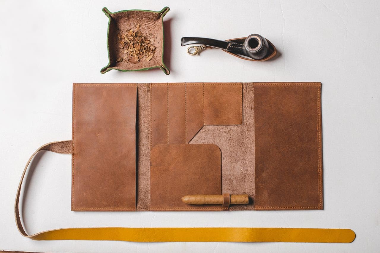 Luxurious Leather Tobacco Smoking Pipe Pouch Bag Organizer Case with Rolling pad.