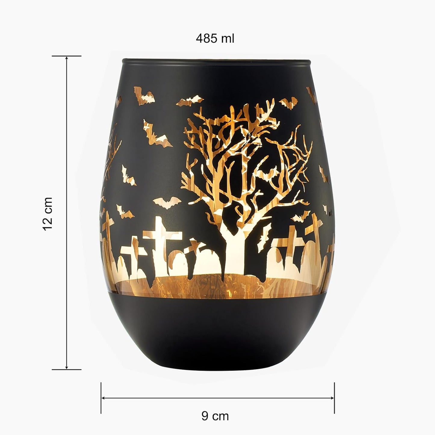 Crystal Halloween Stemless Wine Glass - Set of 2 - Themed Vibrant Black & Gold Etched Spooky Graveyard Pattern Frosted Glass, Perfect for Themed Gothic Parties Trick Or Treat Gift For Him Her (16 OZ)