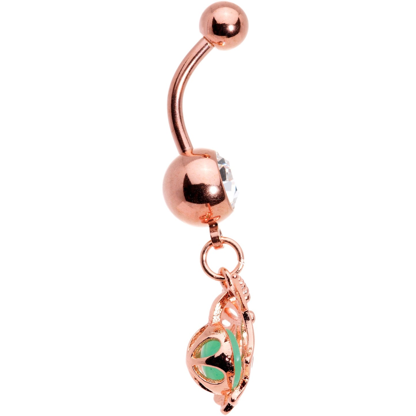 Clear Gem Rose Gold Tone Glow in the Dark Orb Unicorn Dangle Belly Ring