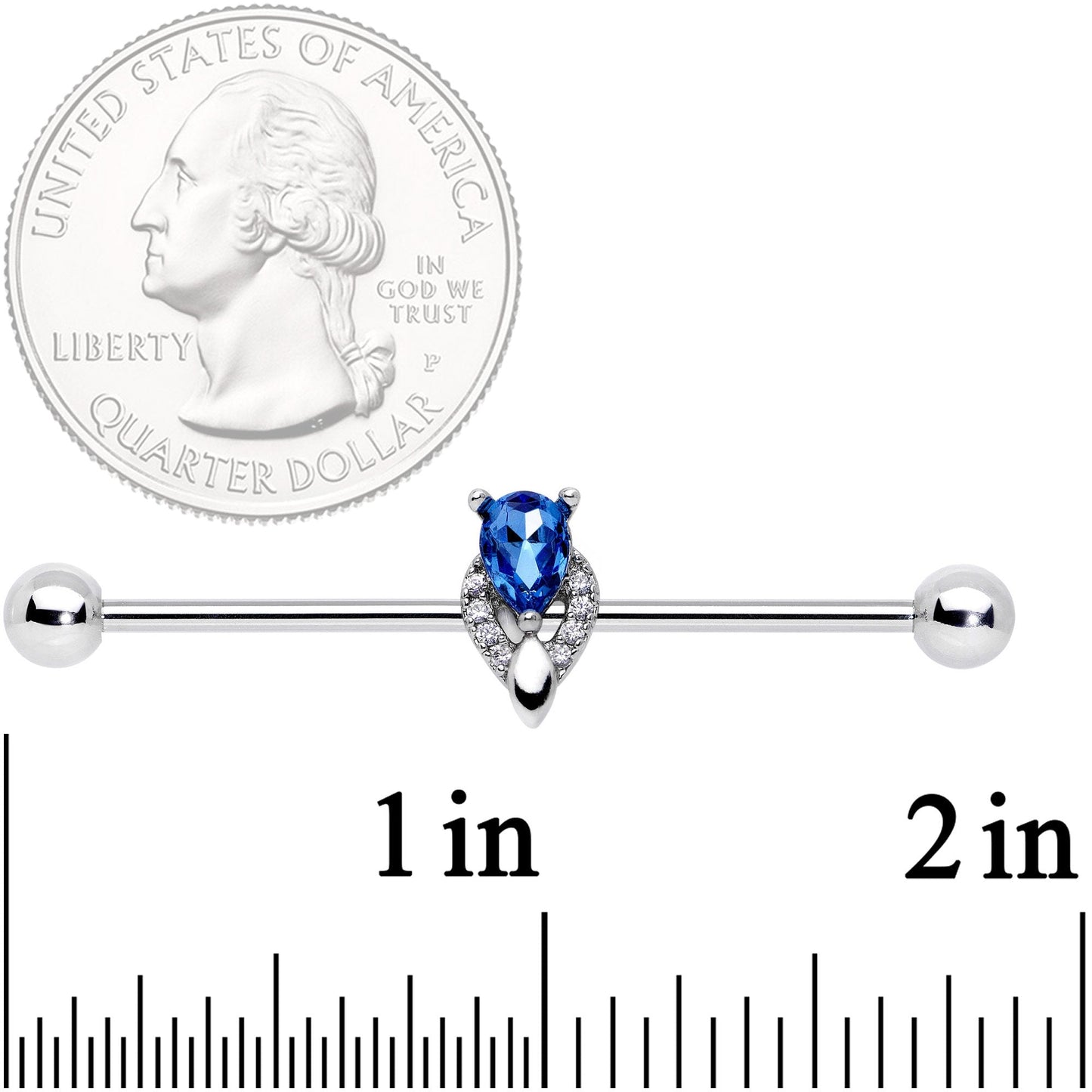 14G Clear Blue Teardrop Gem Art Deco Industrial Barbell 38mm