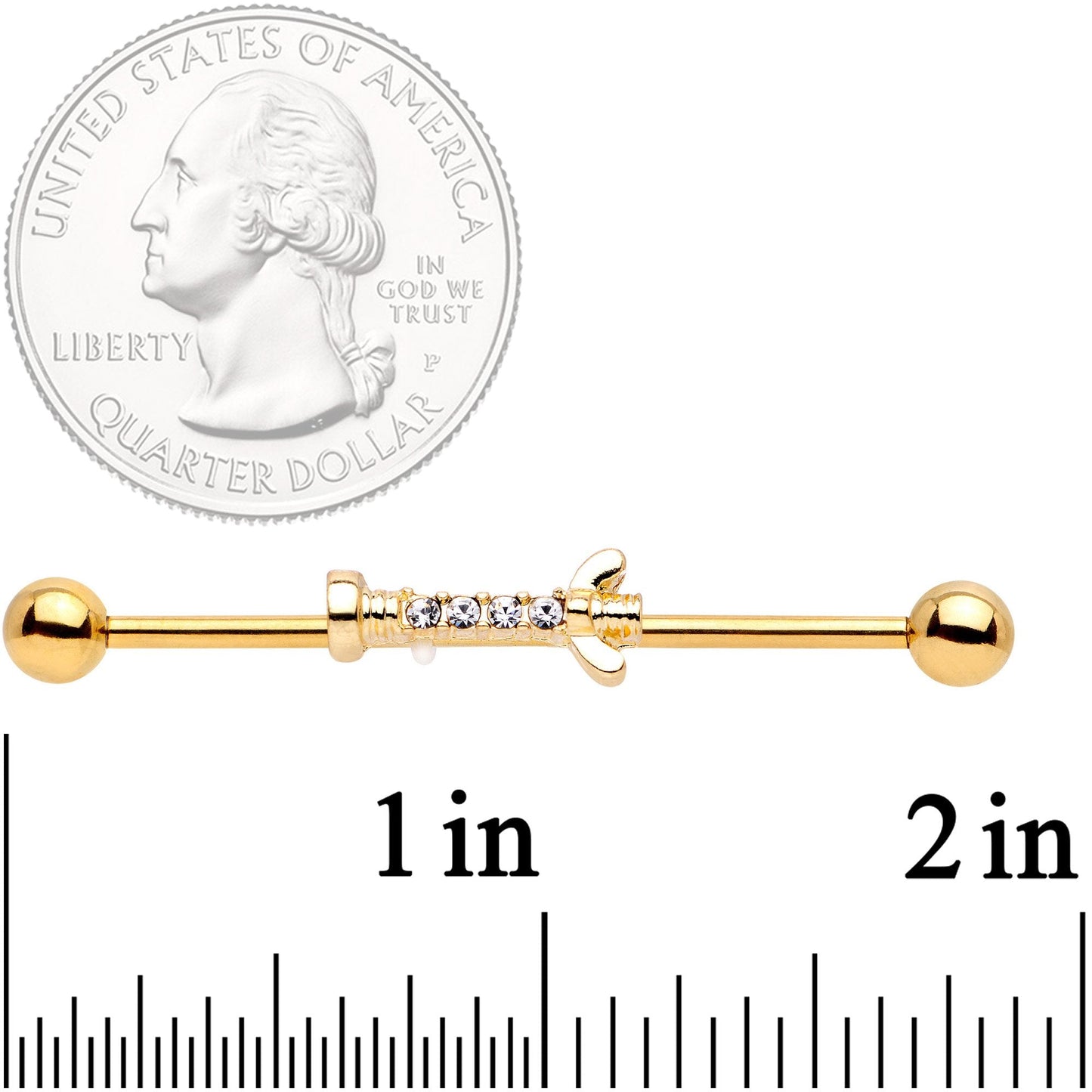 14G Clear CZ Gem Gold Tone Wing Nut Industrial Barbell 38mm