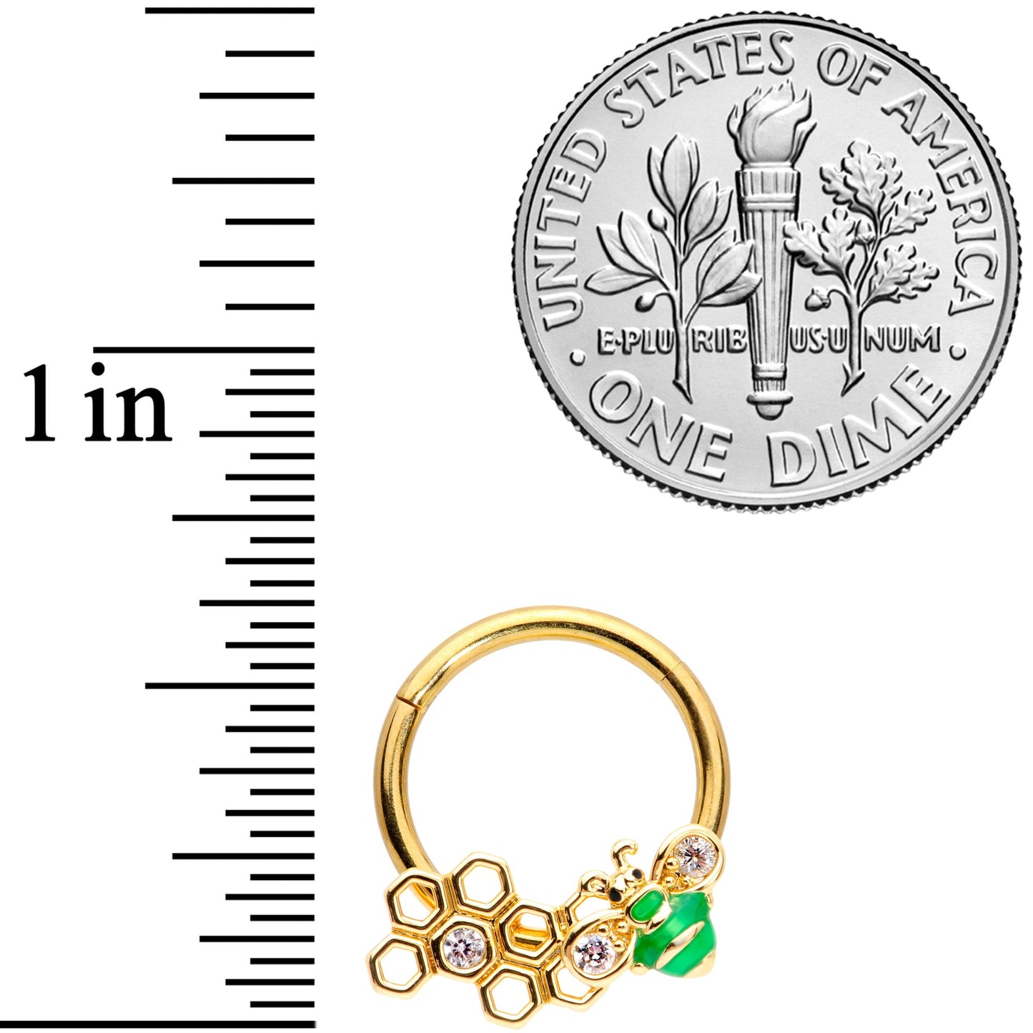 16G 3/8 Clear Gem Gold Tone Green Bee Hinged Segment Ring