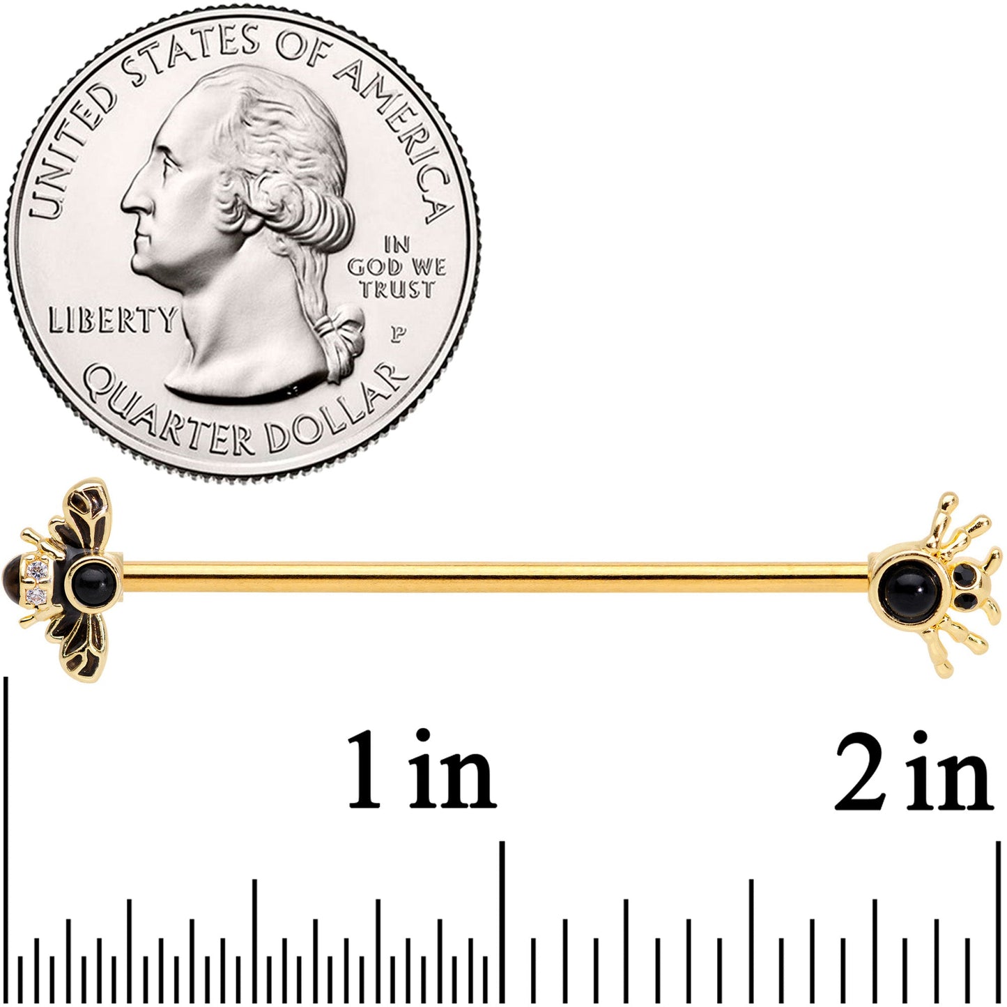 14G Clear Black Gem Gold Tone Bug Out Bee Insect Industrial Barbell 38mm
