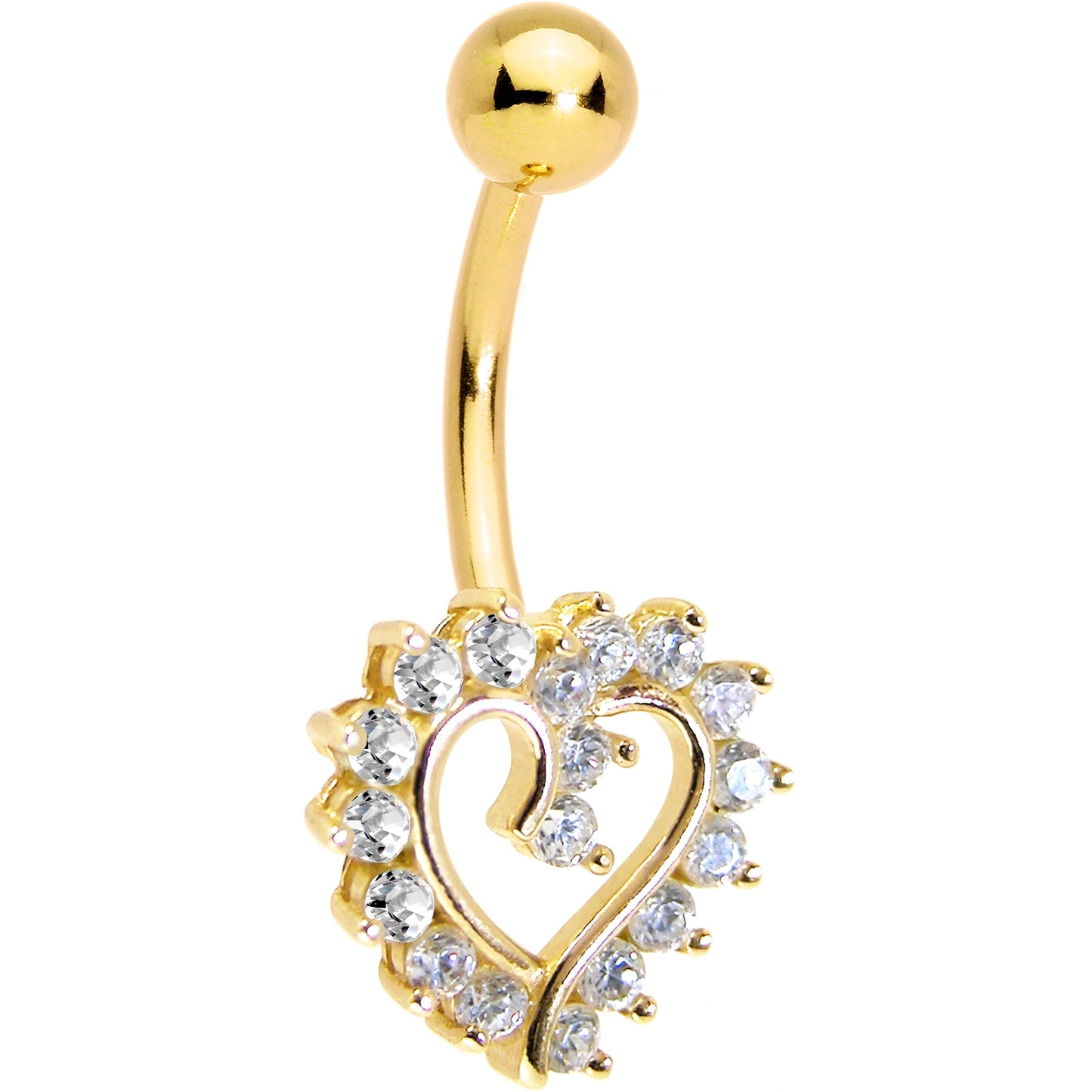 16G Solid 14K Yellow Gold Cubic Zirconia HOLLOW HEART Belly Ring
