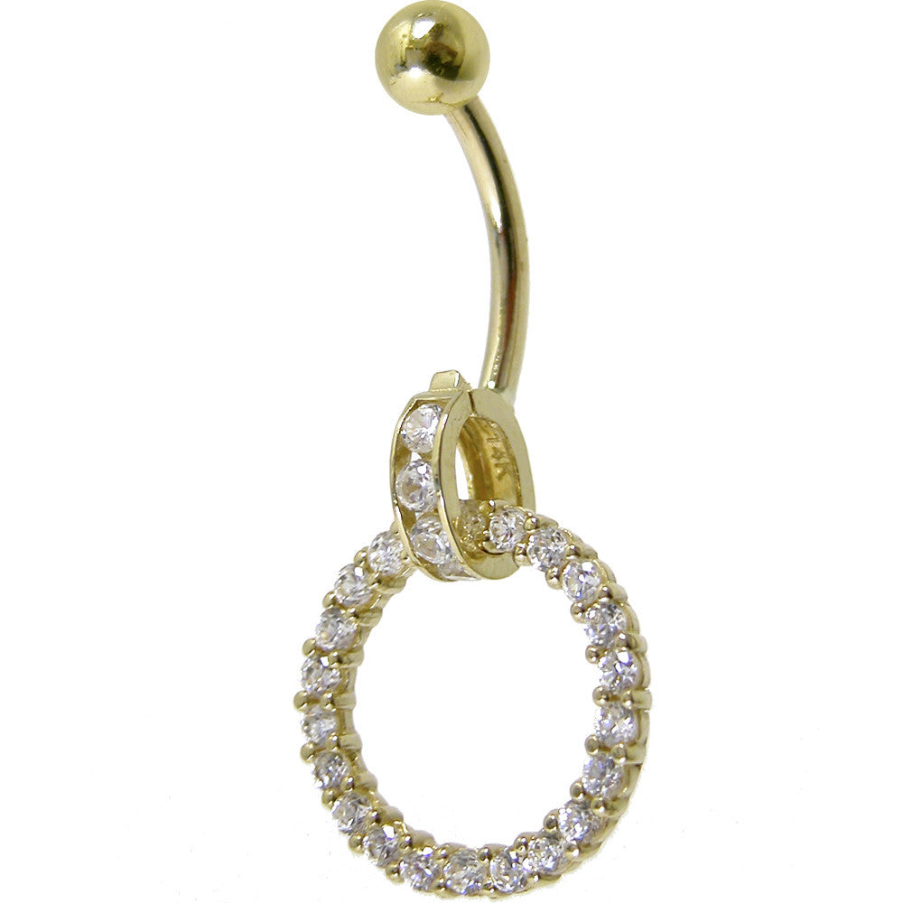 16G Solid 14K Yellow Gold Cubic Zirconia CIRCLE CHARM Belly Ring