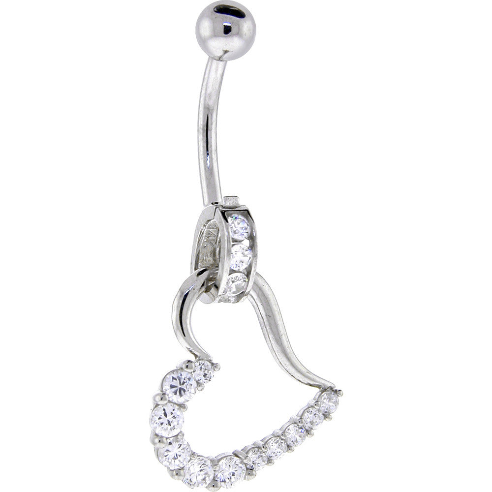 16G Solid 14K White Gold Cubic Zirconia HOLLOW HEART CHARM Belly Ring