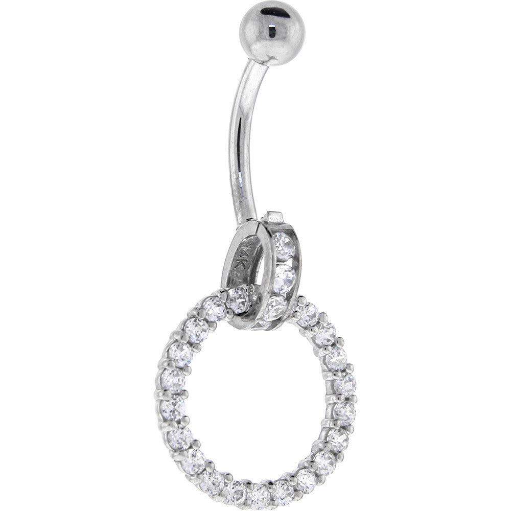 16G Solid 14K White Gold Cubic Zirconia CIRCLE CHARM Belly Ring
